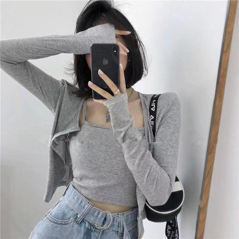 Short Suspender Vest Long Sleeved Cardigan Two-piece Set For Women - Trendha