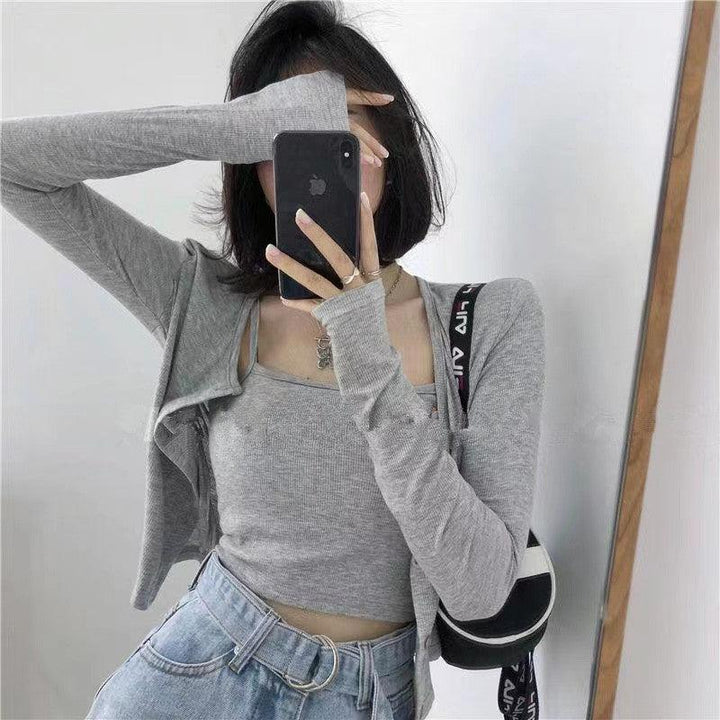Short Suspender Vest Long Sleeved Cardigan Two-piece Set For Women - Trendha