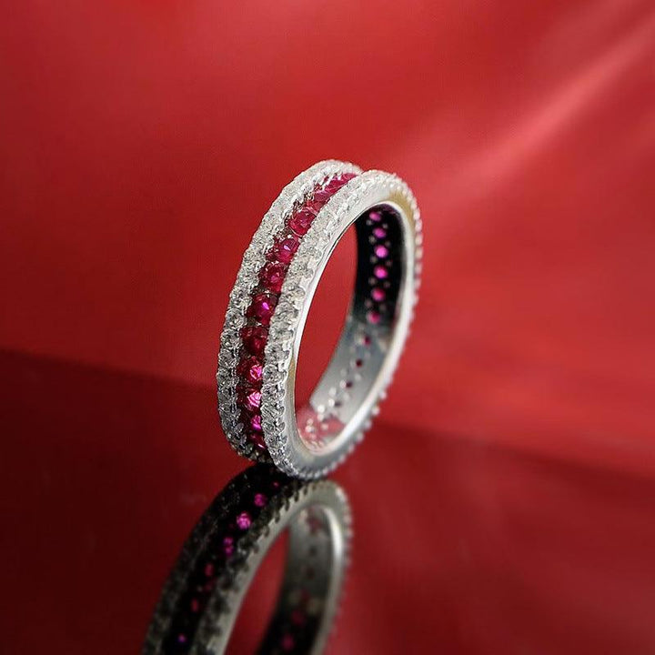 Silver Inlaid Red Round Ring - Trendha