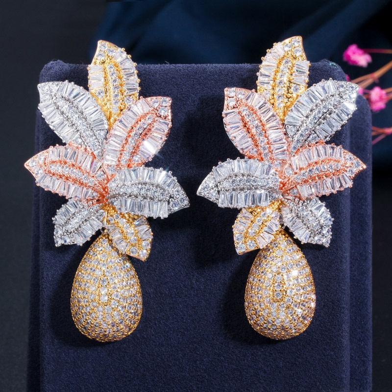 Silver Needle Gradient Cubic Zirconia Three-Color Electroplated Stud Earrings