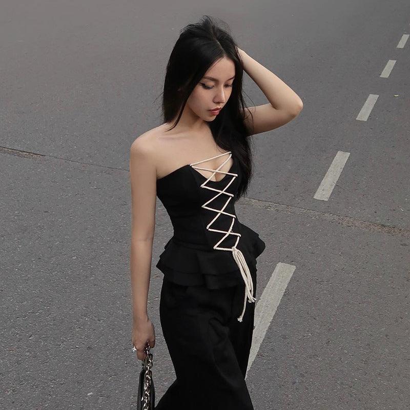 Solid Color Slim Fit Fashion Cotton String Cross Waist Girdling Band Tube Top - Trendha