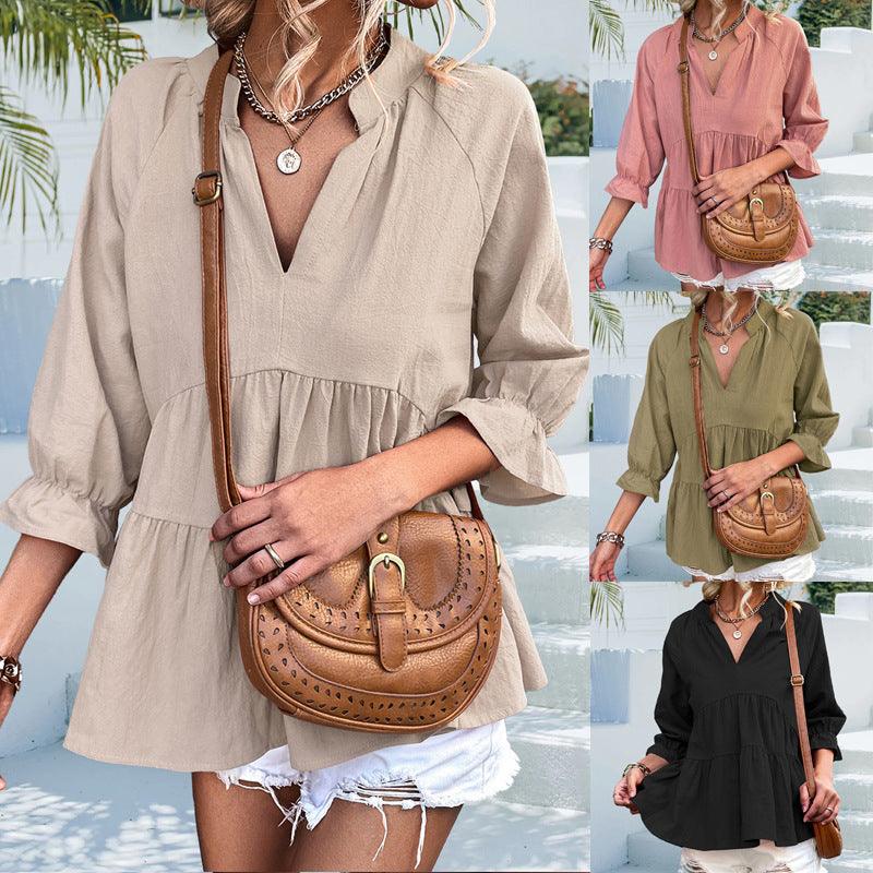 Spring And Summer New Popular Solid Color And V-neck Top - Trendha