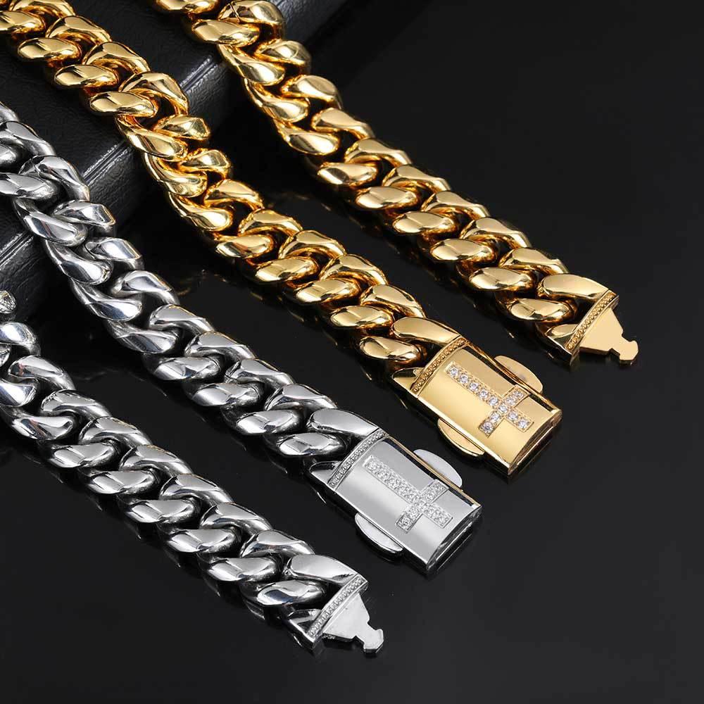 Stainless Steel Cuban Chain Micro Set Zircon Spring Snap Bracelet - Trendha