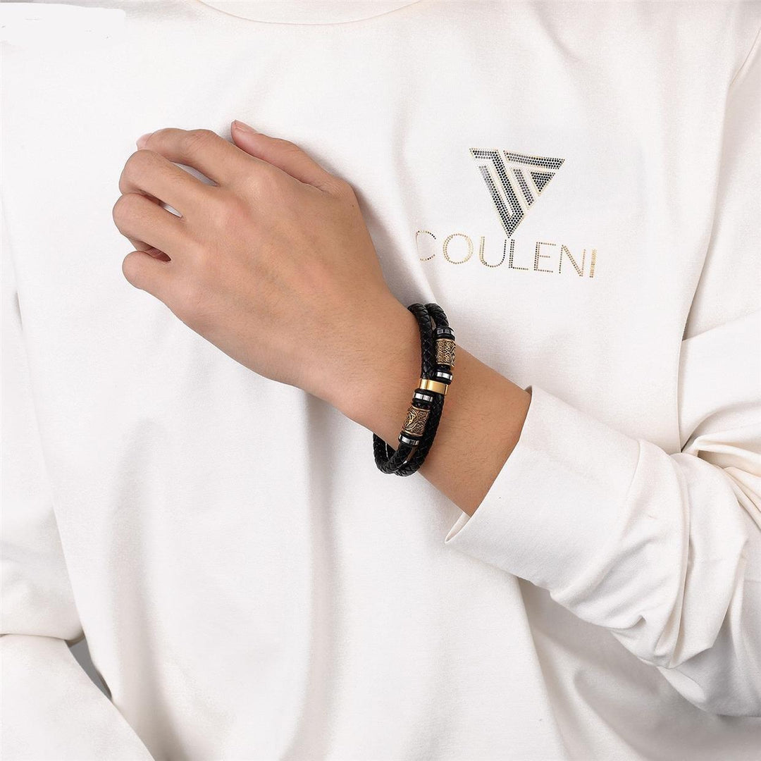 Stainless Steel Gold Double Bar Leather Hand Braided Bracelet - Trendha