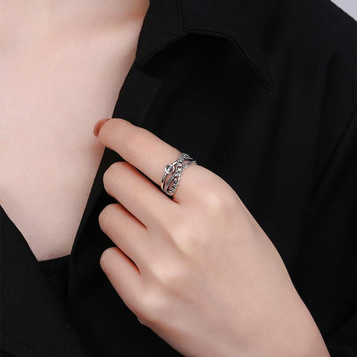 Sterling Silver Chain Stitching Cross Irregular Ring - Trendha