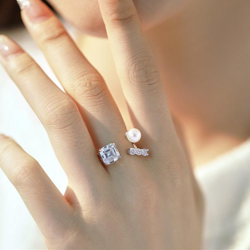 Sterling Silver Pearl Ring Square Zircon Ring Opening Adjustable - Trendha