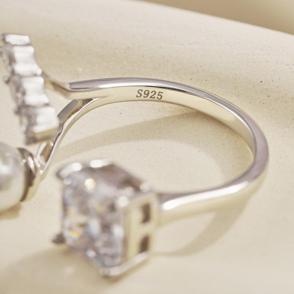 Sterling Silver Pearl Ring Square Zircon Ring Opening Adjustable - Trendha