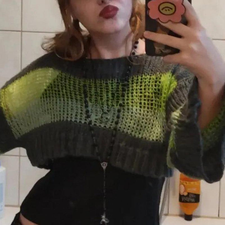 Stripe Color Blocking Hollow Perspective Wool Short Blouse Loose - Trendha