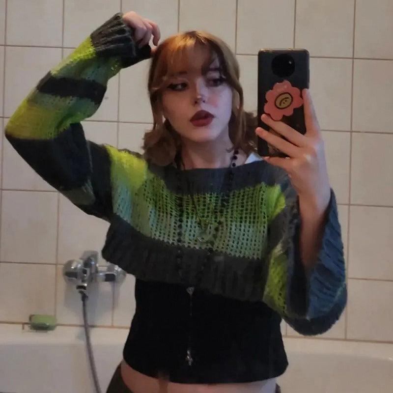 Stripe Color Blocking Hollow Perspective Wool Short Blouse Loose - Trendha