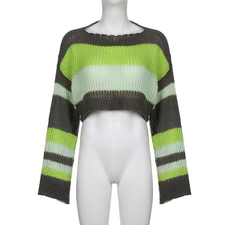 Stripe Color Blocking Hollow Perspective Wool Short Blouse Loose - Trendha