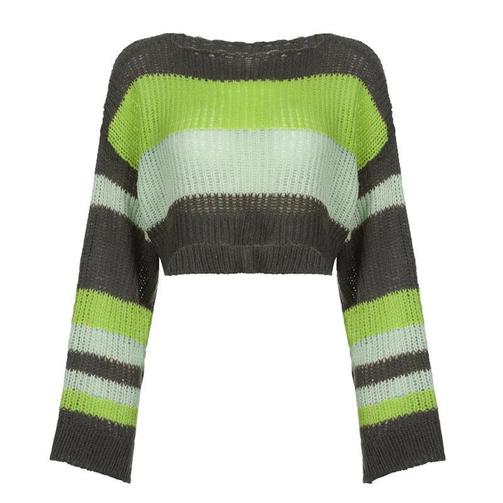 Stripe Color Blocking Hollow Perspective Wool Short Blouse Loose - Trendha