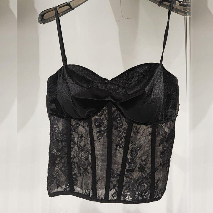 Summer New Socialite Style Lace Embroidery Pattern Fishbone Metal Sexy Sling Vest - Trendha