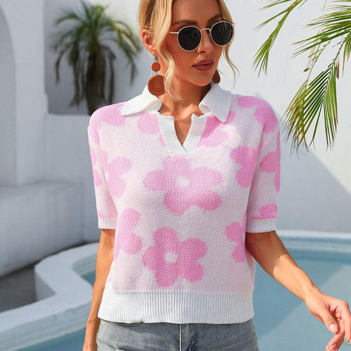 Summer New Women's Trending Unique Lapel Flower Print Short Sleeve - Trendha