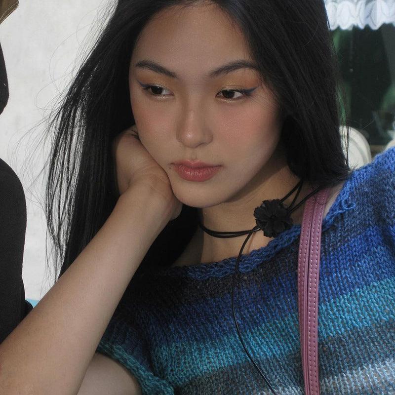 Thin White Blue Stripe Contrast Wool Short Sleeve - Trendha