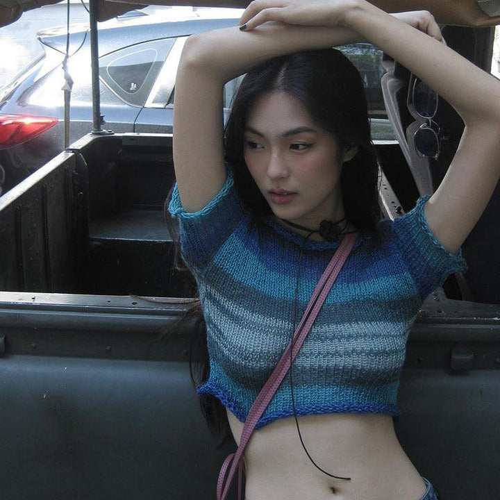 Thin White Blue Stripe Contrast Wool Short Sleeve - Trendha