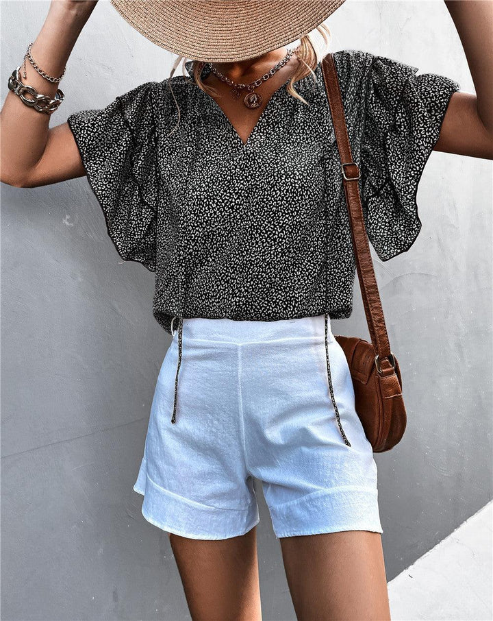 Tied V-neck Leopard Print Top Casual T-shirt - Trendha