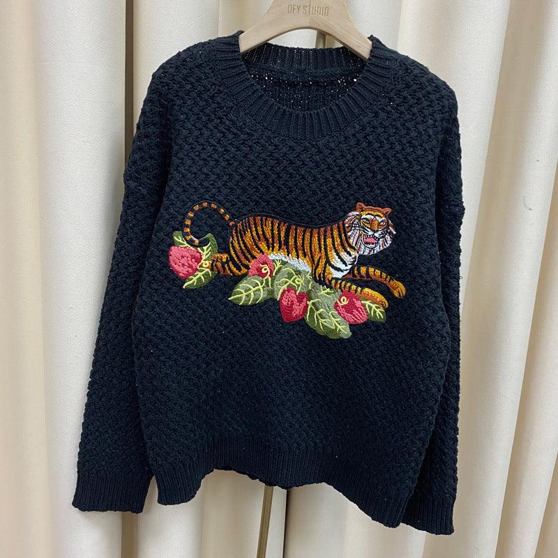 Tiger Crochet Embroidery Wool Sweater Sweater Women's Lazy Wind Thick Needle Top - Trendha