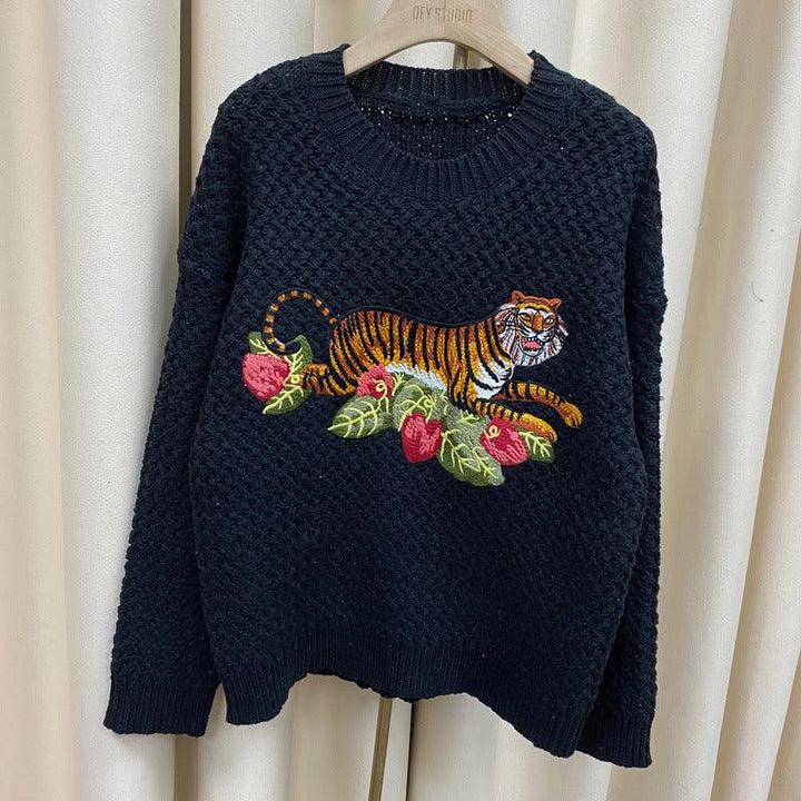 Tiger Crochet Embroidery Wool Sweater Sweater Women's Lazy Wind Thick Needle Top - Trendha