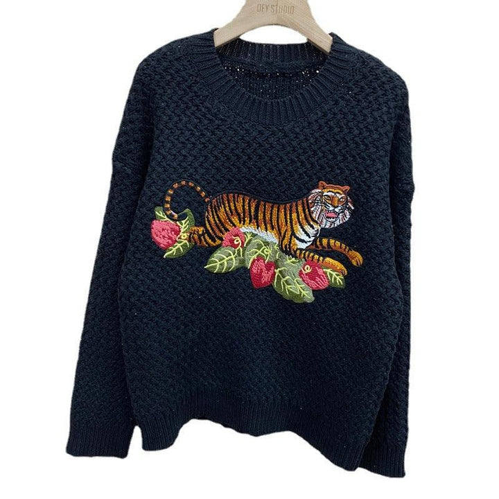 Tiger Crochet Embroidery Wool Sweater Sweater Women's Lazy Wind Thick Needle Top - Trendha