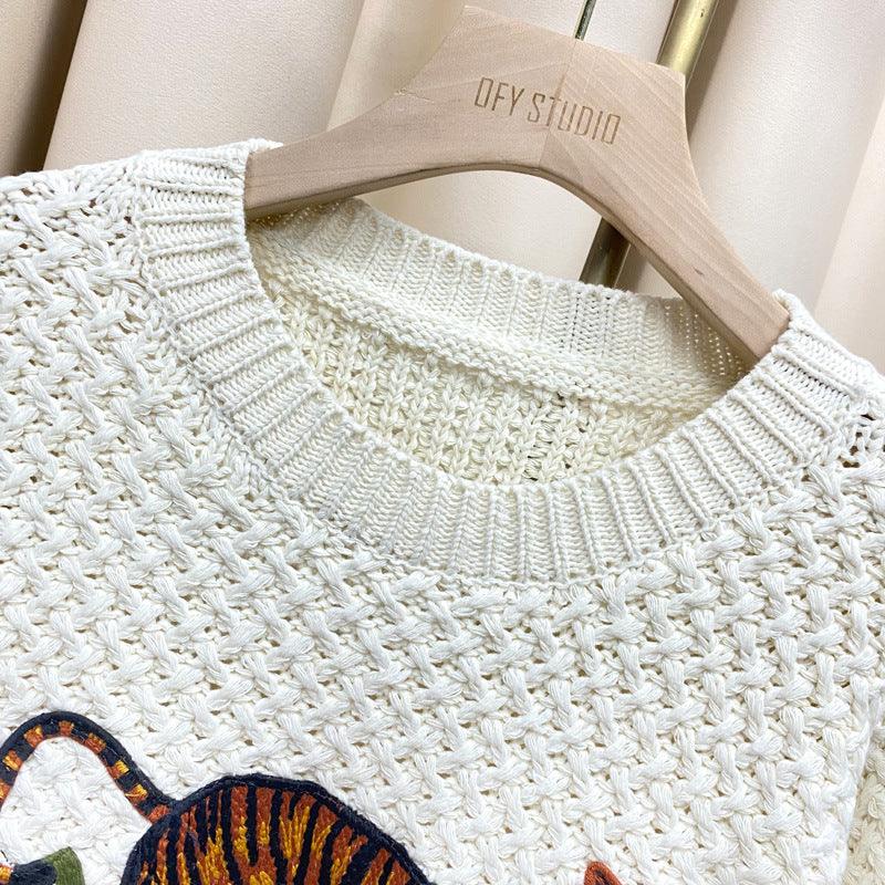 Tiger Crochet Embroidery Wool Sweater Sweater Women's Lazy Wind Thick Needle Top - Trendha