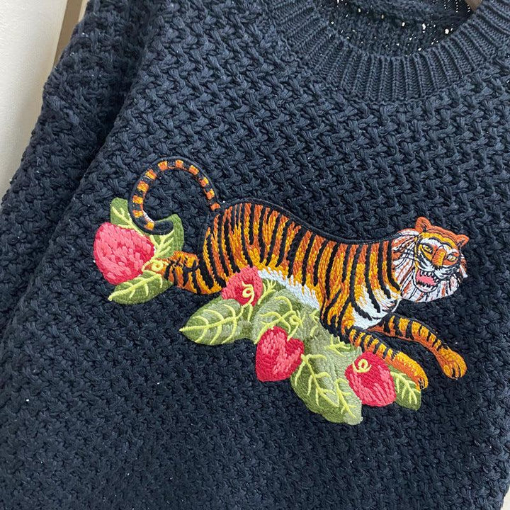 Tiger Crochet Embroidery Wool Sweater Sweater Women's Lazy Wind Thick Needle Top - Trendha