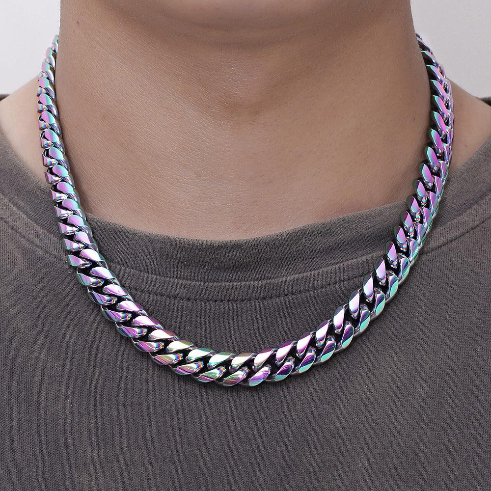 Iridescent Titanium-Steel Cuban Chain Necklace