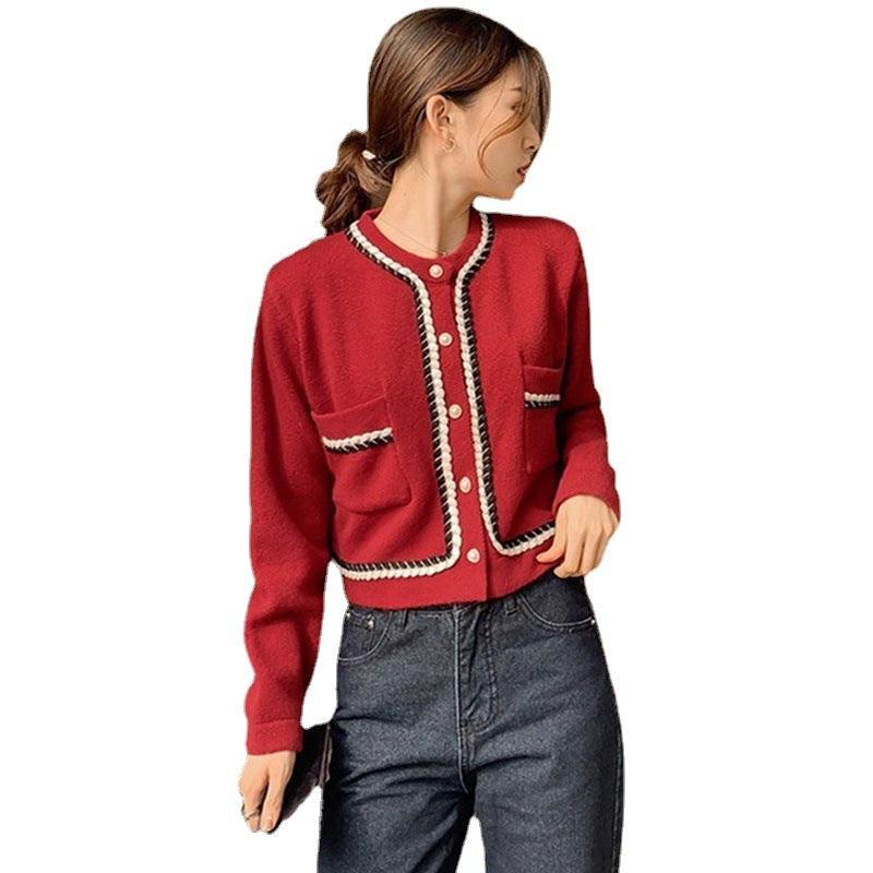 Top Women's Sweater Short Style Red Knitted Sweater Cardigan Coat - Trendha
