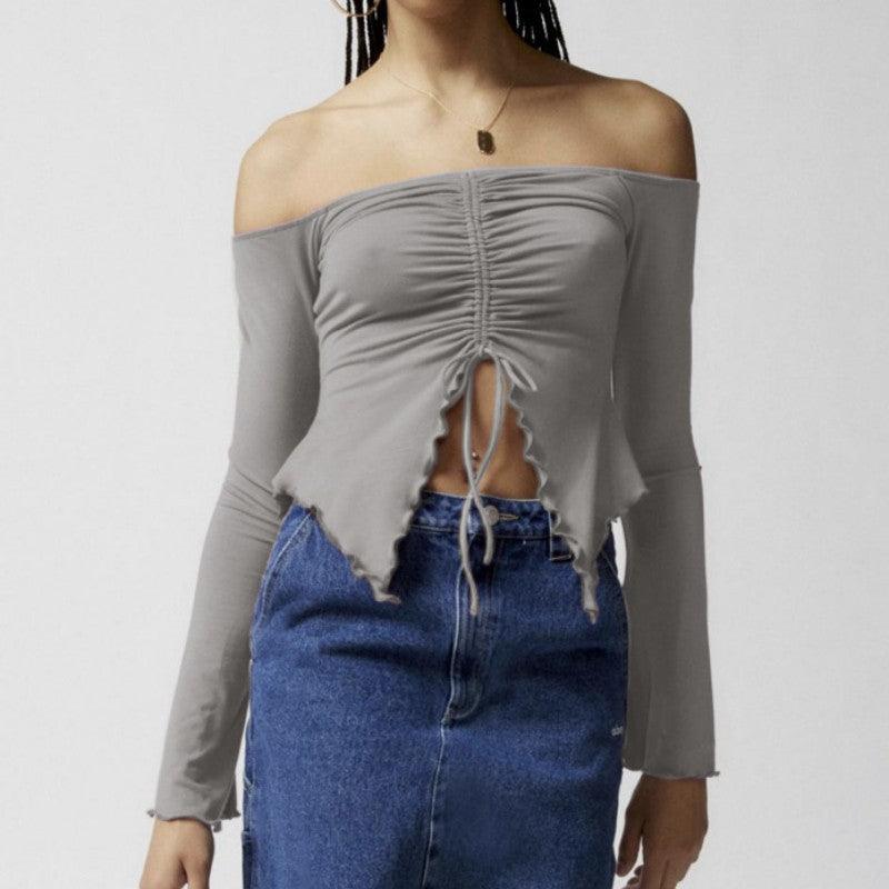 Two-wear Top Wooden Ear Edge Horn Sleeve Sexy Off-the-shoulder Long Sleeve T-shirt Woman - Trendha