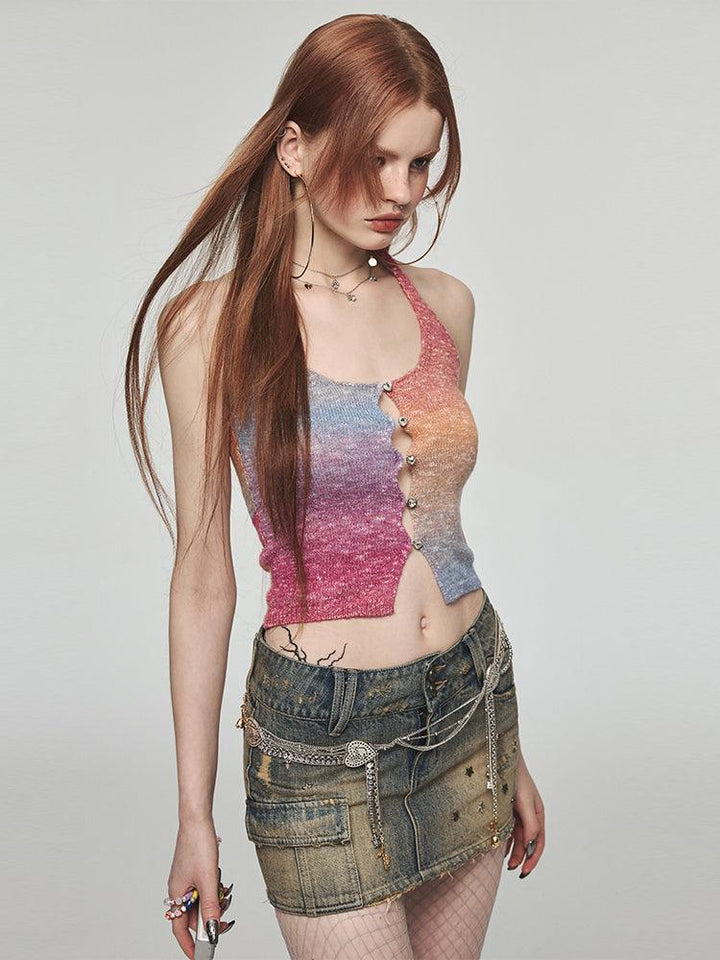 Vacation Style Rainbow Color Halter Spaghetti Straps Vest Outer Wear Slim Top - Trendha