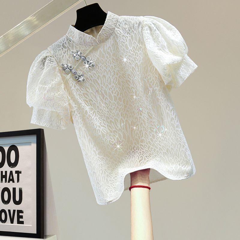 Vintage Buckle Stand Collar Puff Sleeve Top Beaded - Trendha