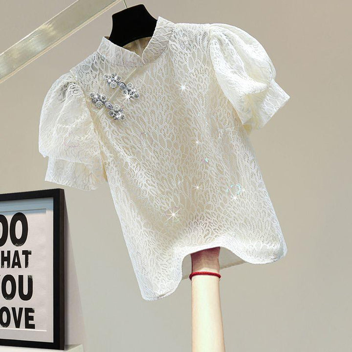 Vintage Buckle Stand Collar Puff Sleeve Top Beaded - Trendha