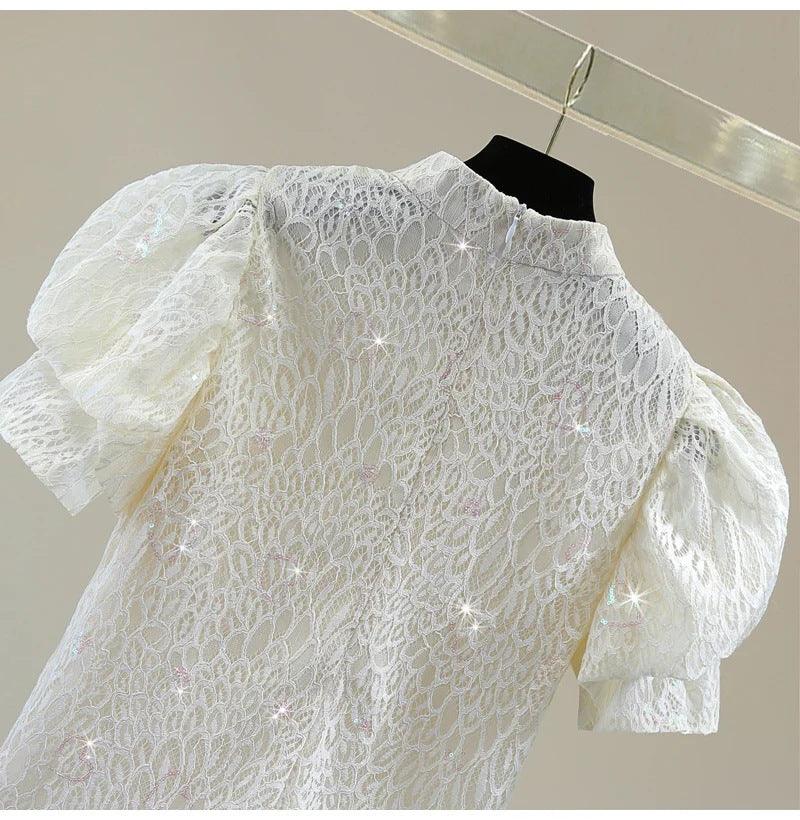 Vintage Buckle Stand Collar Puff Sleeve Top Beaded - Trendha