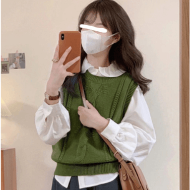 Vintage Green Crewneck Twist Shirt With Knit Women's Vest Folded Wear - Trendha