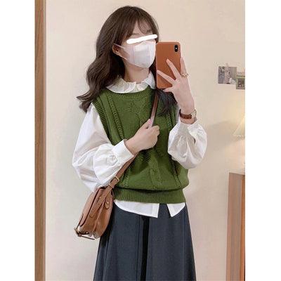 Vintage Green Crewneck Twist Shirt With Knit Women's Vest Folded Wear - Trendha