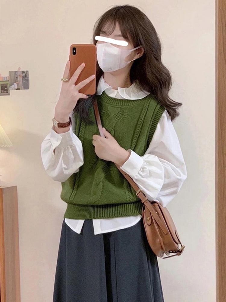 Vintage Green Crewneck Twist Shirt With Knit Women's Vest Folded Wear - Trendha