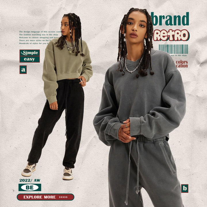 Vintage Wash And Fleece V-neck Hoodie - Trendha