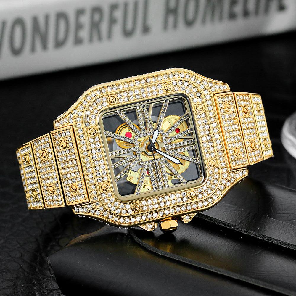 Watch Square Men's Watch Hollowed Out Full Of Diamonds British Watch