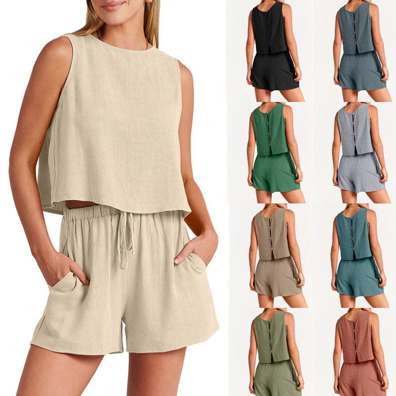 Women's Casual Sleeveless Loose Cotton Linen Shorts Two-piece Suit