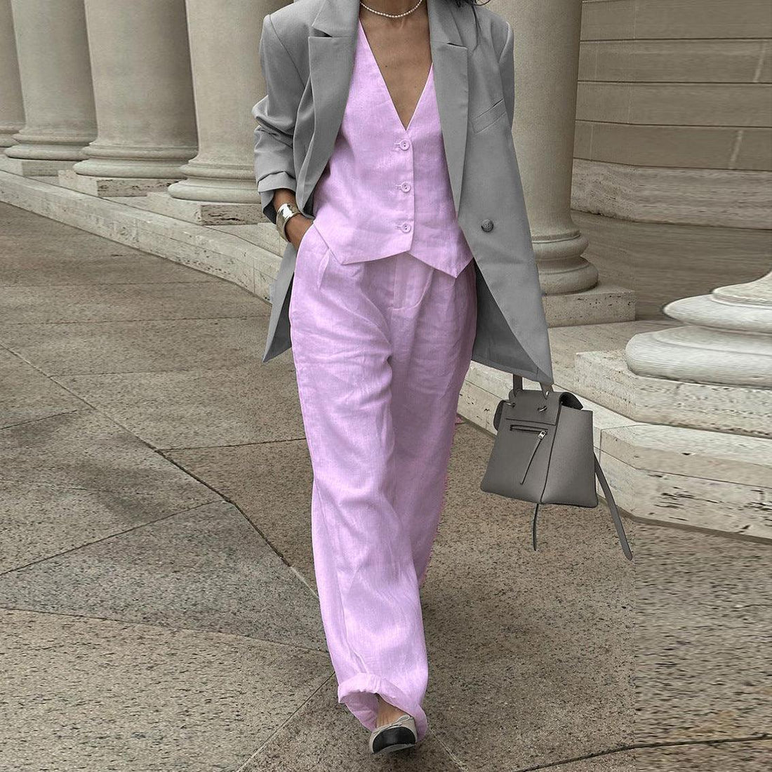 Women's Fashion Casual Cotton Sleeveless Vest Waistcoat Trousers Two-piece Set