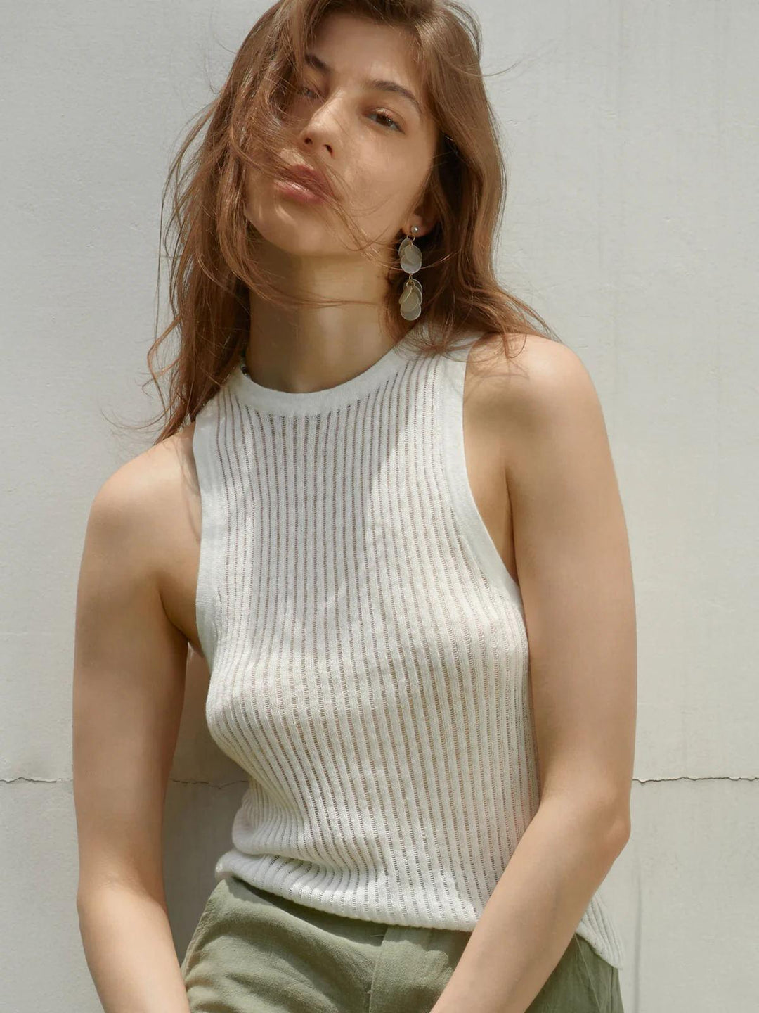 Women's Fashion Solid Color Rib Fabric Hollow Vest Slim Sleeveless Knitted Top - Trendha