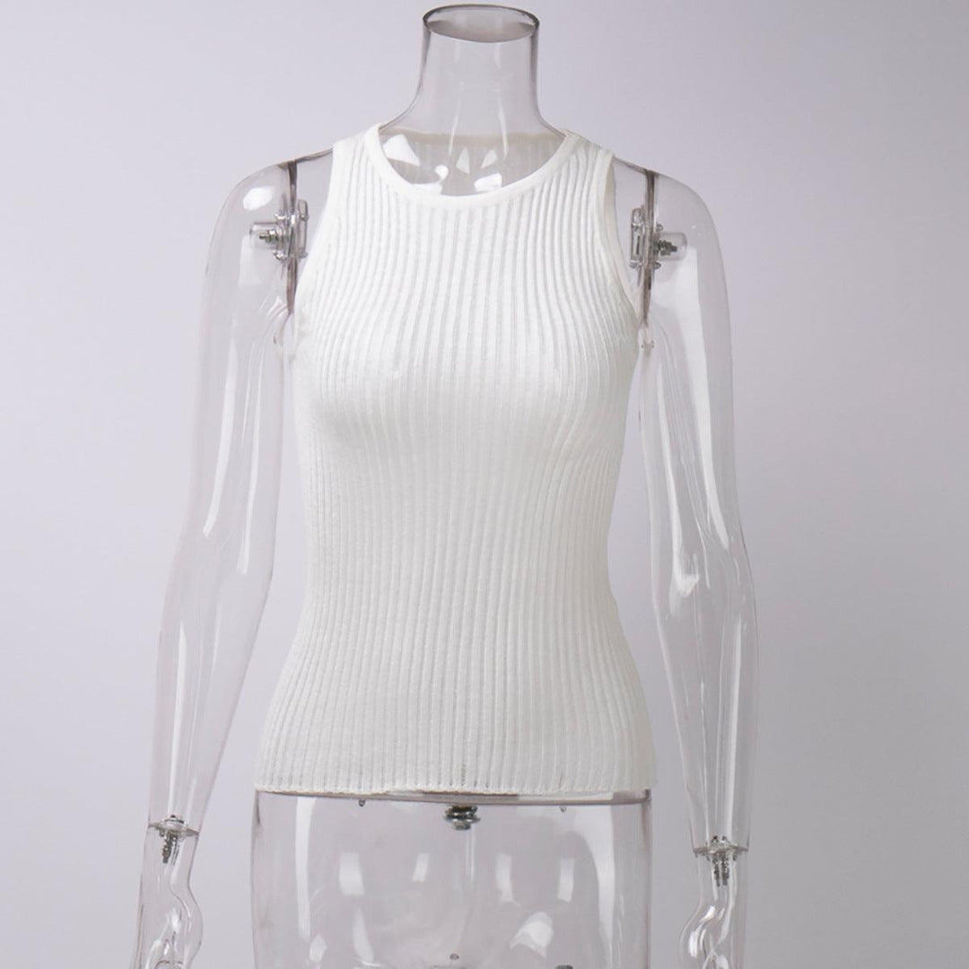 Women's Fashion Solid Color Rib Fabric Hollow Vest Slim Sleeveless Knitted Top - Trendha