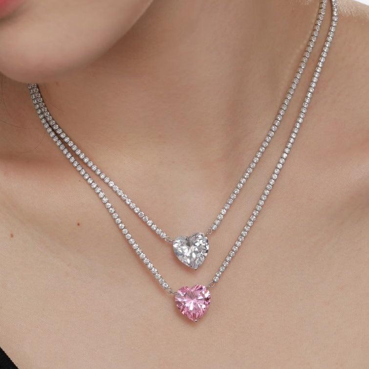 Silver Heart-Pendant Necklace with Decorative Stones