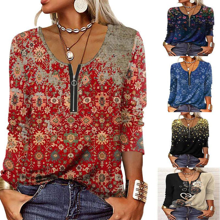Women's Graceful And Fashionable Long Sleeve Zip Ethnic T-shirt - Trendha