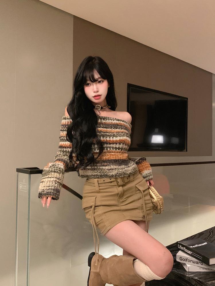 Women's Rainbow One Shoulder Colorful Striped Sweater - Trendha