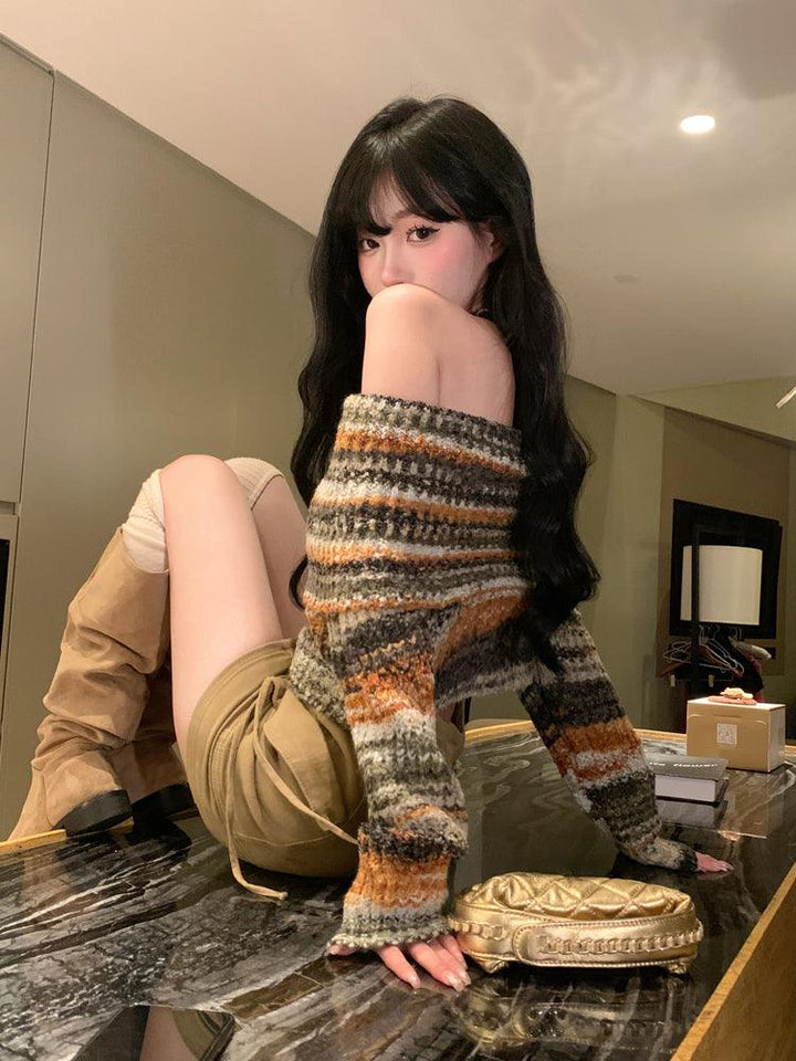 Women's Rainbow One Shoulder Colorful Striped Sweater - Trendha