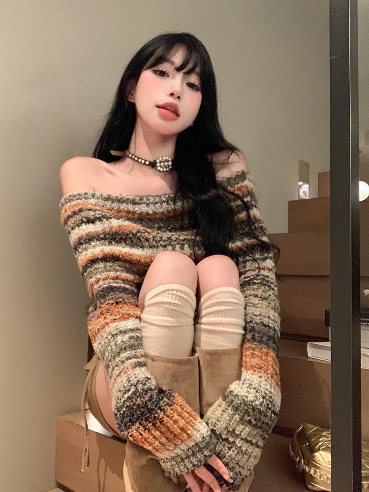 Women's Rainbow One Shoulder Colorful Striped Sweater - Trendha