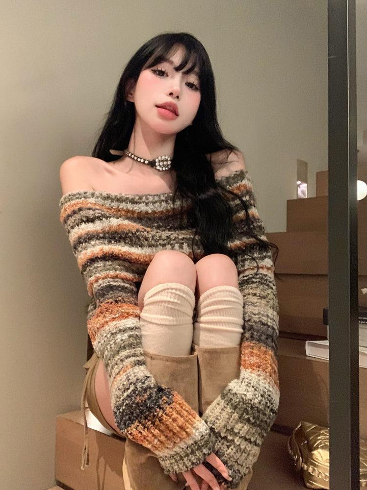 Women's Rainbow One Shoulder Colorful Striped Sweater - Trendha