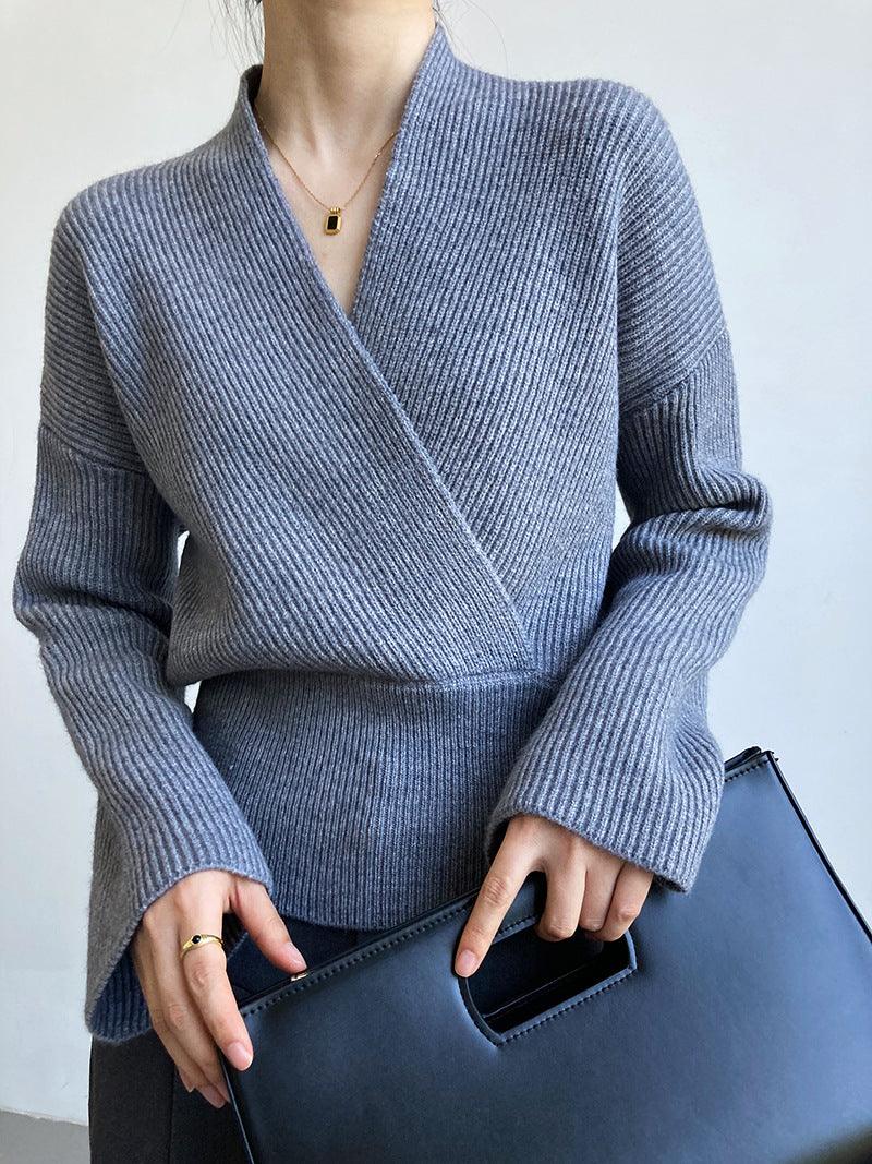 Women's Retro Cross V Neck Wrap Knit Sweater - Trendha