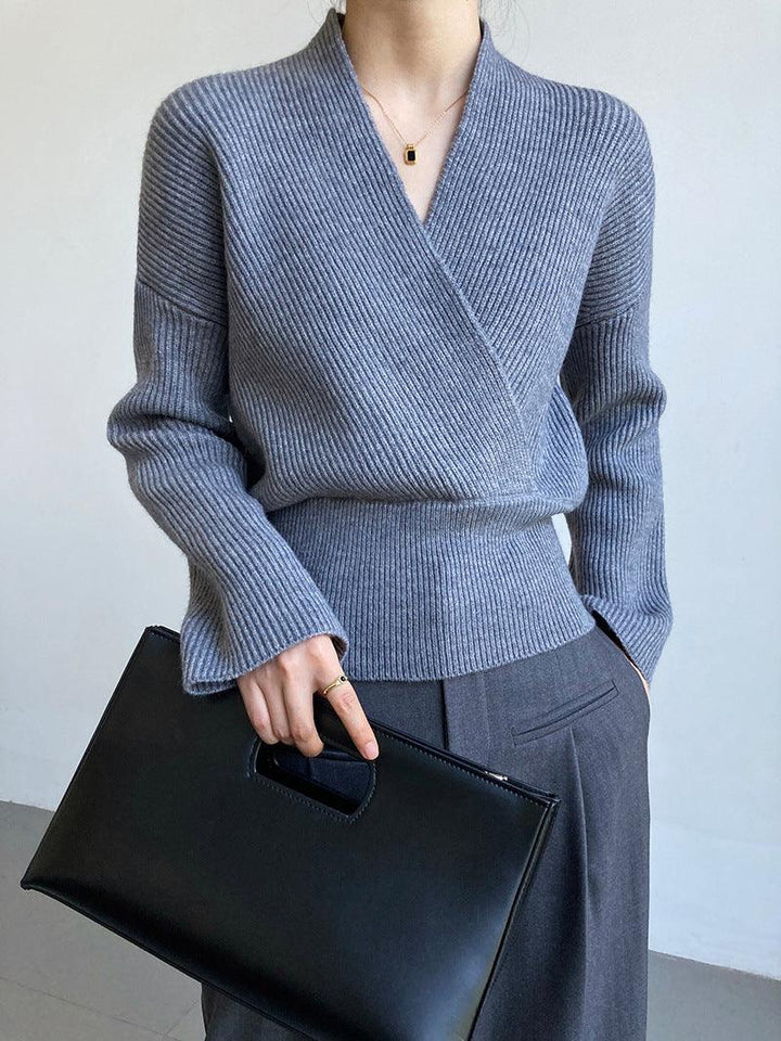 Women's Retro Cross V Neck Wrap Knit Sweater - Trendha