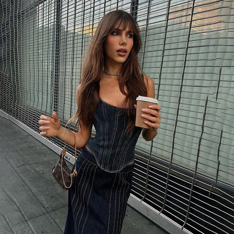 Women's Retro Solid Color Denim Vest Sexy Low-cut Slimming Camisole - Trendha